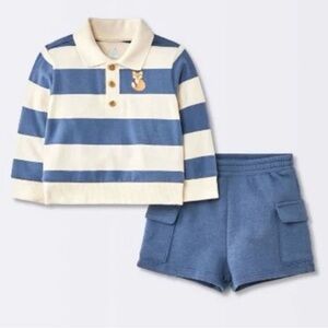 Cloud Island Newborn Striped Blue and White Polo with Blue Shorts Set. Size NB